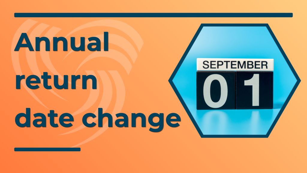 Calendar on blue background with date September 1 and text: Annual return date change on orange background