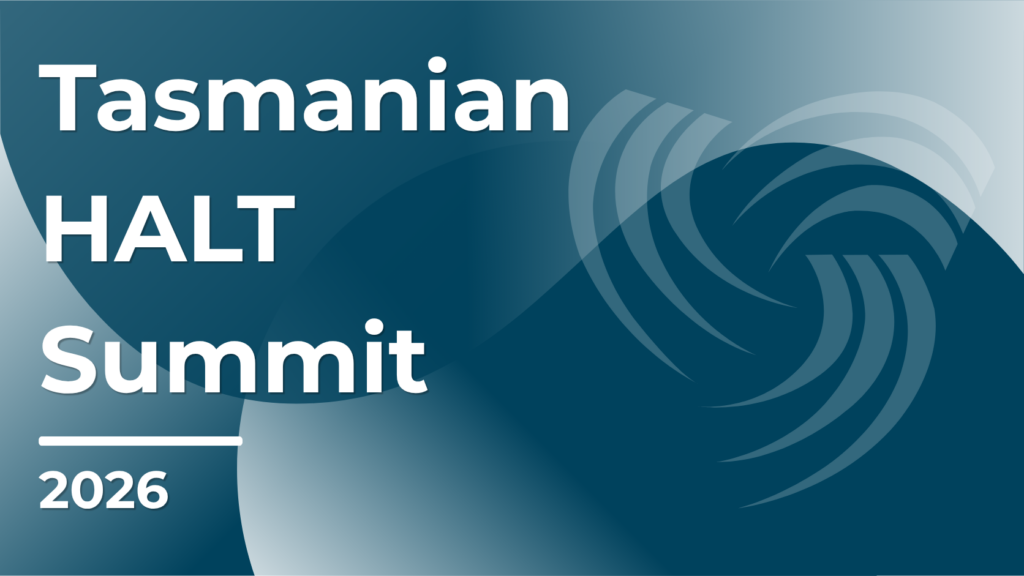 Blue and white swirl logo with text: Tasmanian HALT Summit 2026