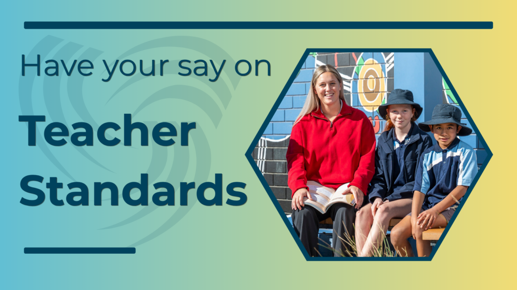 Teacher in red jumper sitting with boy and girl students wearing hats outside, with accompanying text reading: Have your say on teacher standards